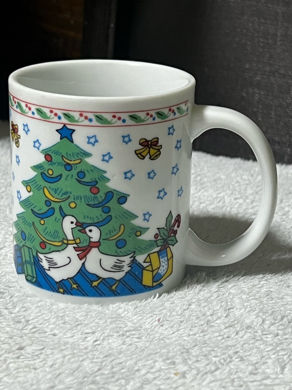 Vintage Christmas Tree & Goose Ceramic Holiday Mug - White Cottagecore